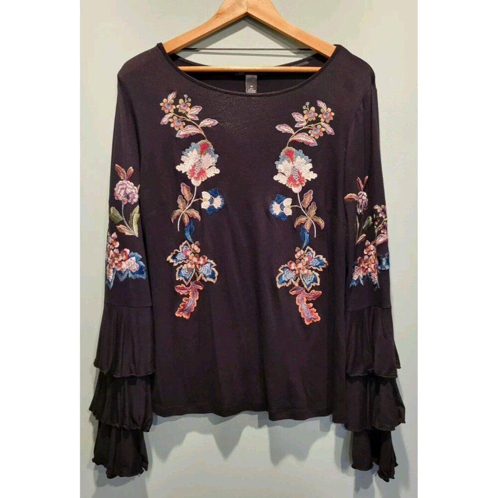 Black Multicolor Floral Embroidered Tiered Long Sleeve Top Stretch  M Fairygoth